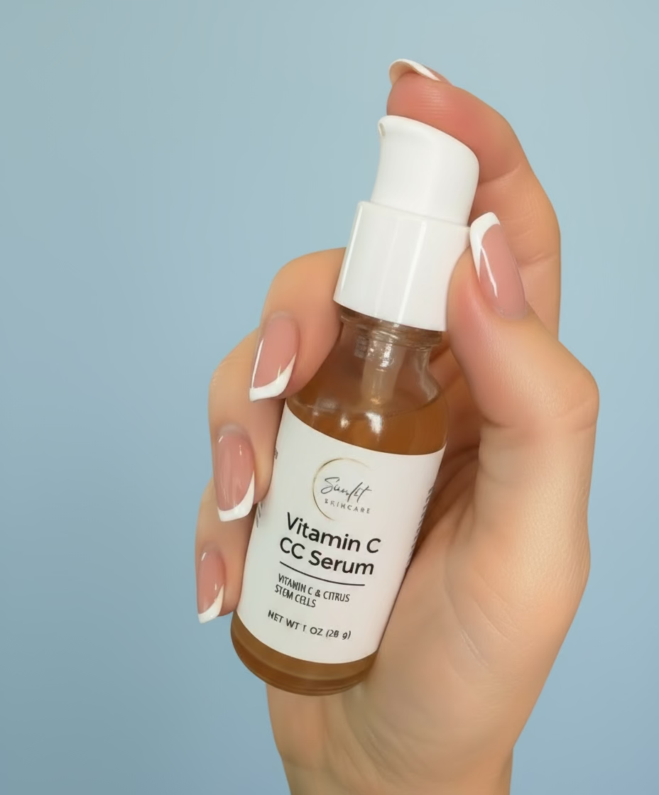 Hand holding a bottle of Vitamin C CC Serum with a blurred indoor background