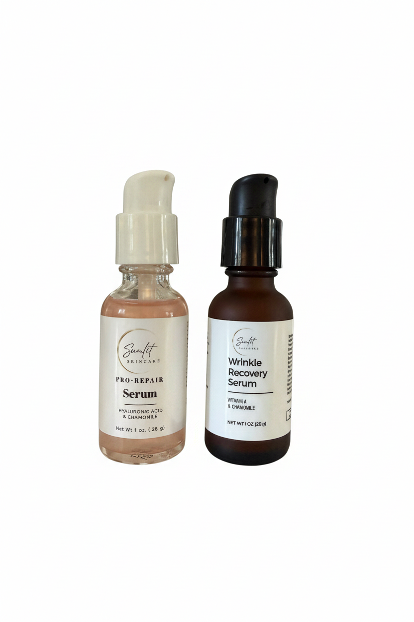 2 Sunlit skincare bottles Pro repair Serum and Wrinkle Recovery serum with an all white background