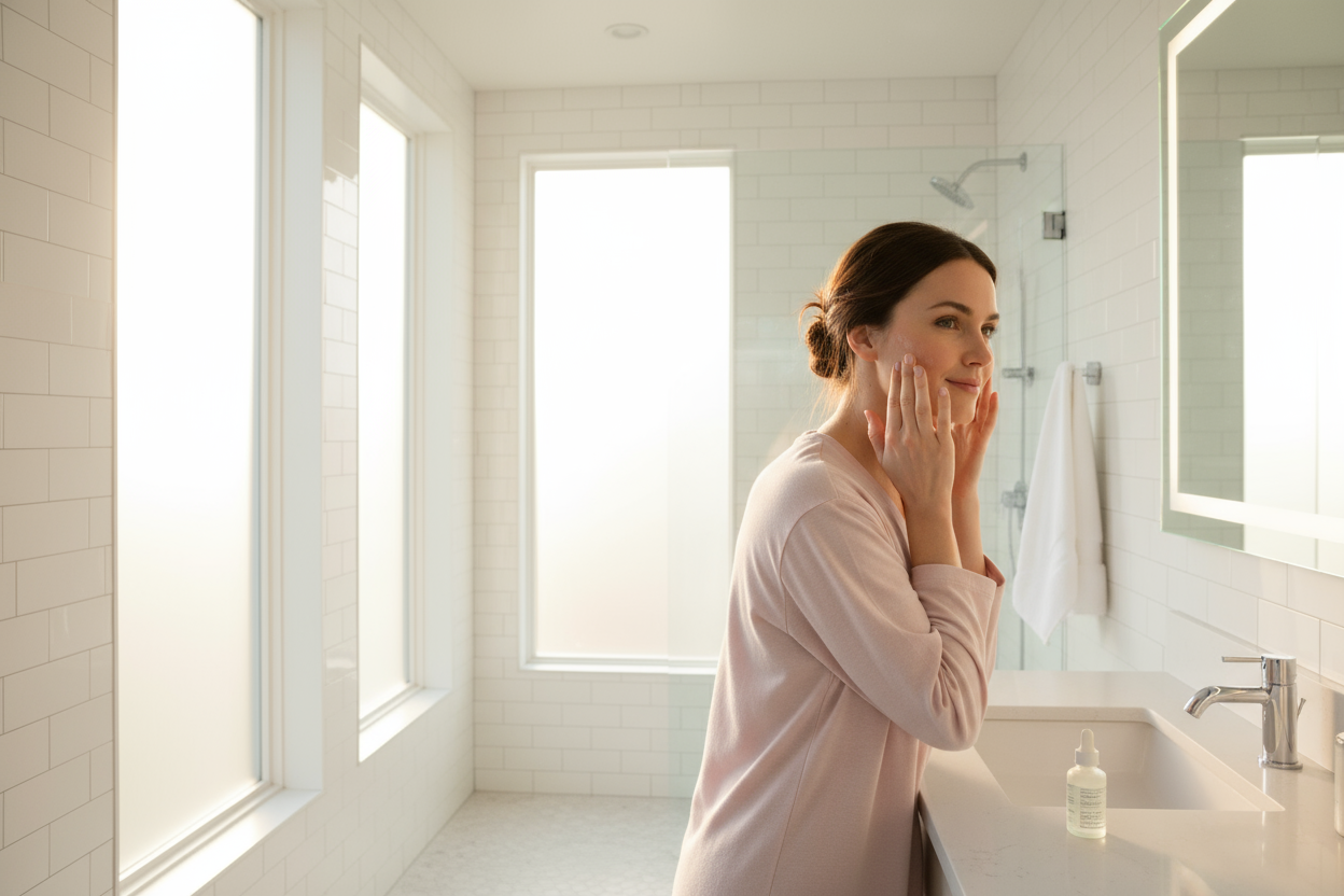 woman in a bright lit bathroom rubbing a serum into her face