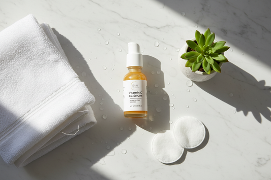 Sunlit vitamin c serum on a counter with cotton rounds and towels