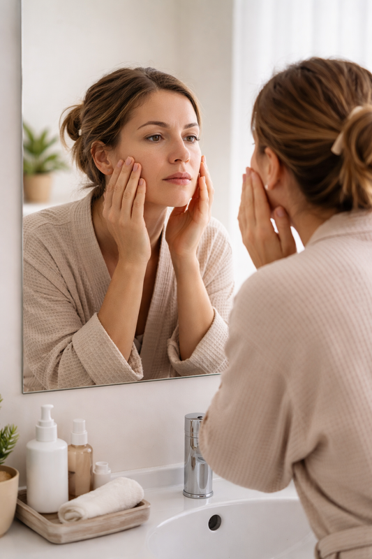 Woman looking at her face in a mirror