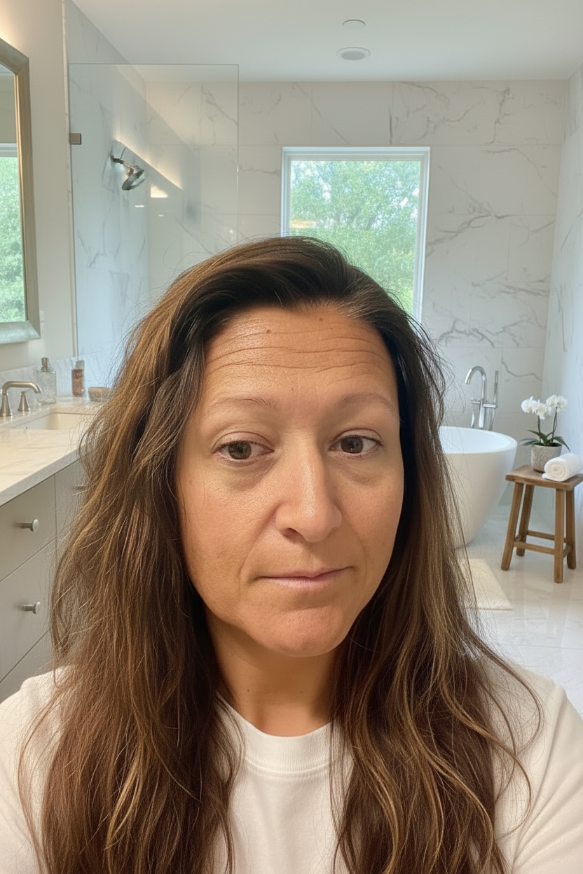 lifestyle photo of woman standing in a well lit bathroom