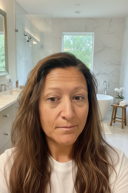 lifestyle photo of woman standing in a well lit bathroom