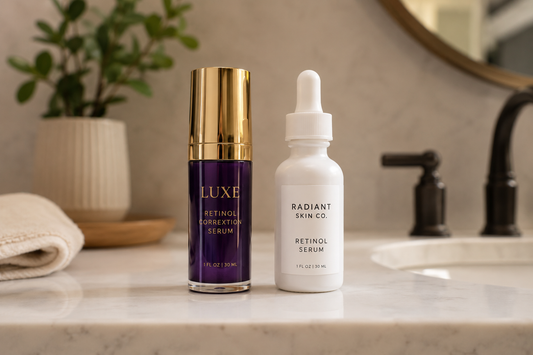 2 skincare serums side by side.  one expensive and one more simple but both do the same thing
