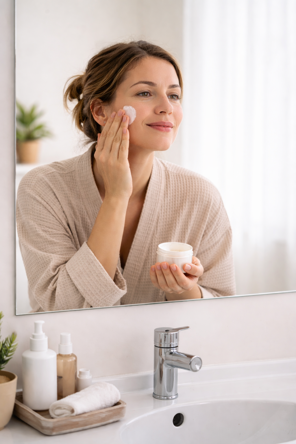 woman looking in mirror applying skincare prodcut