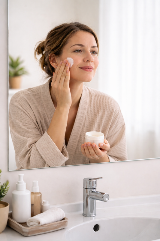 woman looking in mirror applying skincare prodcut