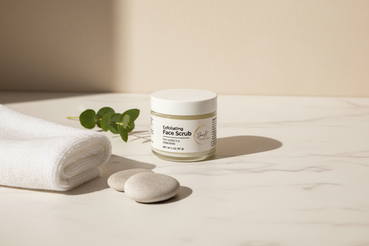 Sunlit Exfoliating Face Scrub sitting on a marble counter with some towels and some rocks and greens by it