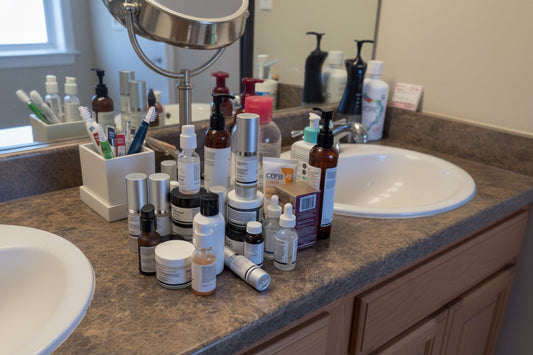 bathroom counter full of skincare products