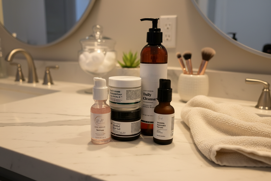 Full product line up for night routine on a bathroom counter.  Bottles of sunlit wrinkle recovery and pro repair serum with moisturizer eye cream and face wash