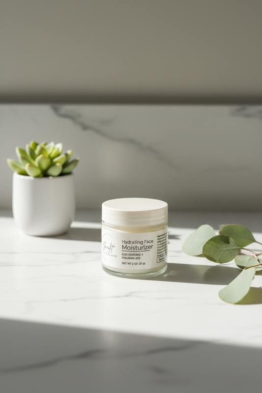 Sunlit Hydrating Face Moisturizer sitting on a marble counter with a succulent plant and some greens 