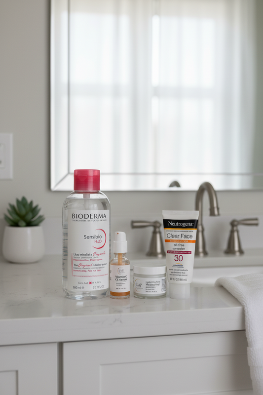 Full morning skincare routine with sunlit vitamin c serum and hydrating face moisturizer micellar water and sunscreen