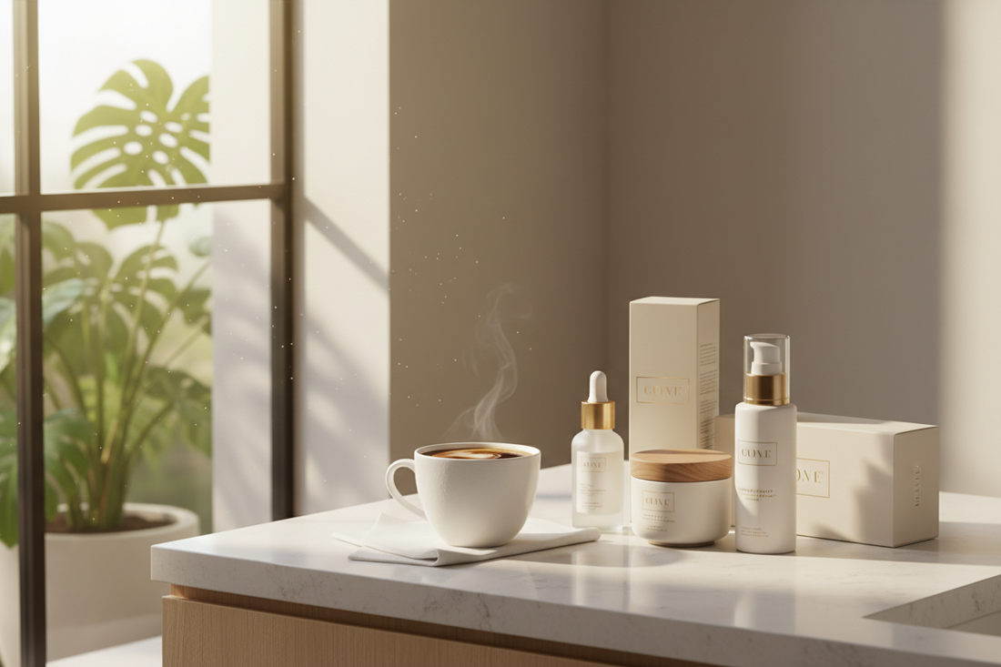 morning skincare line up with a cup of coffee sitting on the counter