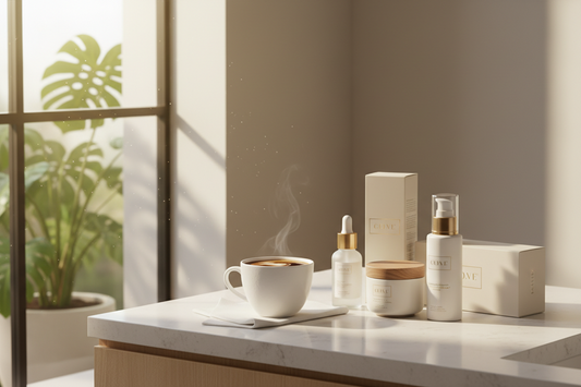 morning skincare line up with a cup of coffee sitting on the counter