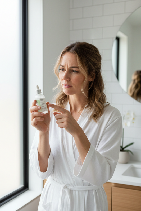 woman looking confused at the ingredients of her skincare bottle