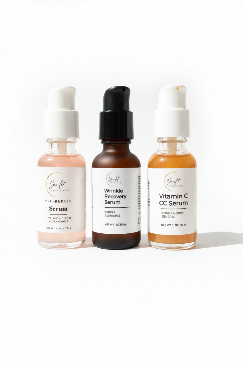 Three sunlit skincare serums with an all white background.  Complete your low routine pro repair serum, wrinkle recovery serum, and vitamin c serum