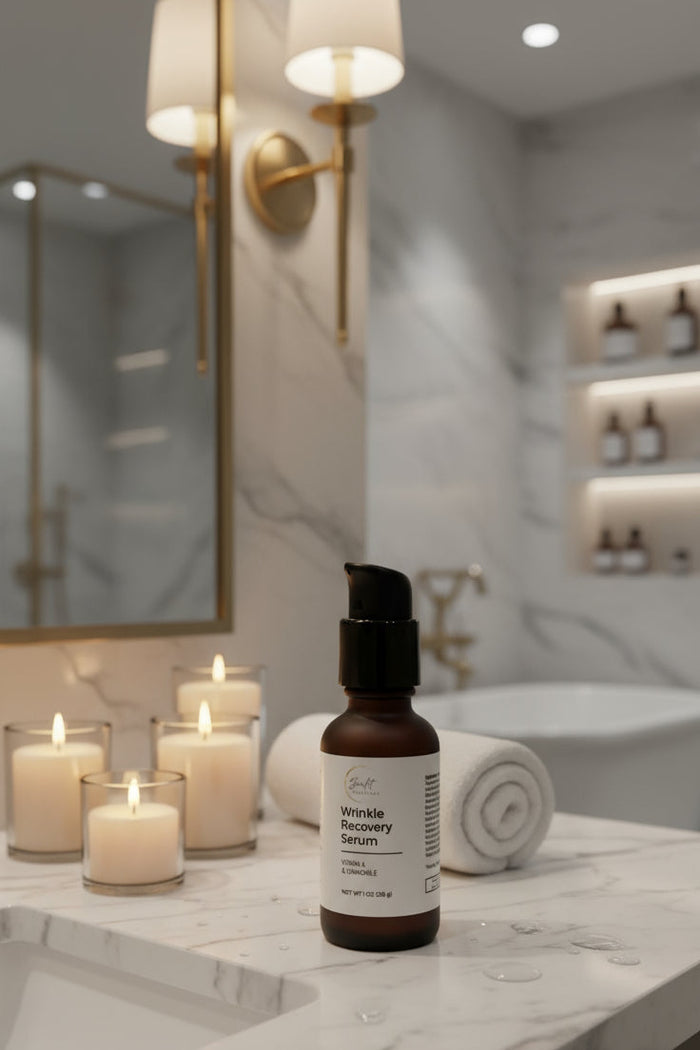 Sunlit Wrinkle Recovery Serum bottle on bathroom counter