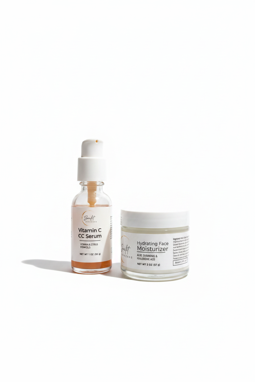 2 Sunlit skincare products Vitamin C serum and Hydrating Face Moisturizer placed in an all white background