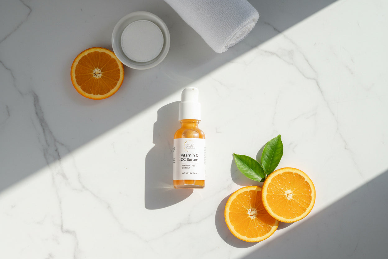 Skincare serum bottle with oranges on a marble surface