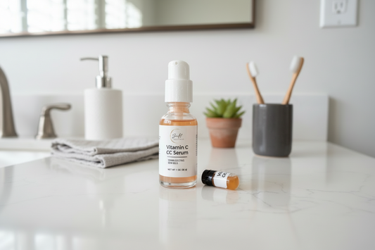Bottle of Sunlit Vitamin C serum and a sample sitting on a bathroom counter with toothbrush holder and plant in the background.
