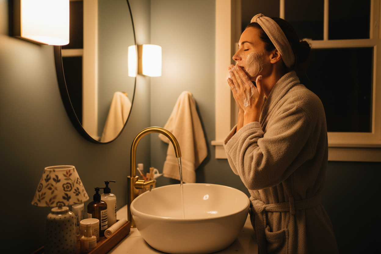woman washing her face in a bathroom.  night time setting